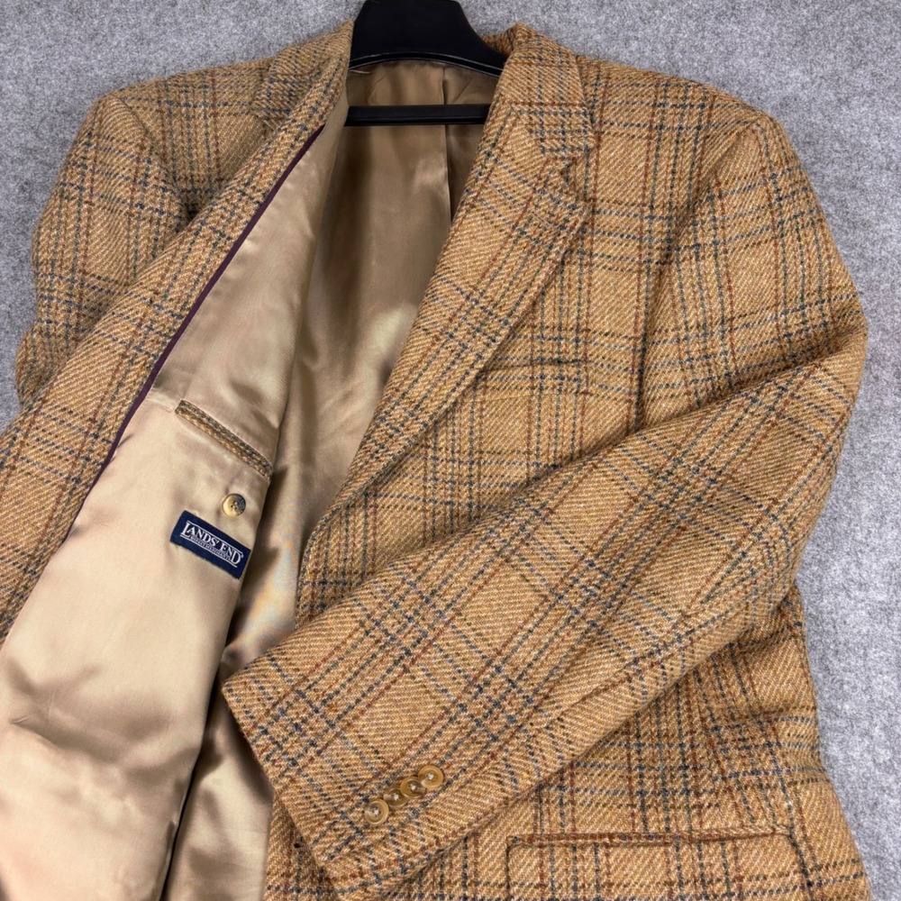 Lands End Blazer Mens 44R Tan Harris Tweed Wool Plaid 2-Button Sport Coat